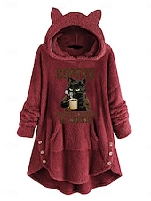 olcso Béléses pulóverek-Női Pulóver Hoodie pulóver Cica Alkalmi Hosszú ujj Kapucni Hosszú felsők Utca Hétköznapi Arcpír rózsaszín Bor Szürke Ősz Tél