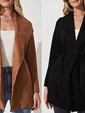 billiga Jackor i konstläder-Dam Kavaj Bekväm Lappverk Elegant Mode Utomhus Slät Utekväll Ledigt / vardag Helgen Cardigan Normal Kavajslag Normal Långärmad Ytterkläder Svart Brun Vår Höst