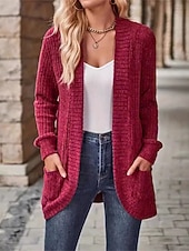 billiga Öppen front cardigan-Dam Vardaglig jacka Bekväm Andningsfunktion Ficka Ledigt Slät Semester Gata Dagliga kläder Utekväll Öppen front Normal Kraglös Normal Långärmad Ytterkläder Vin Himmelsblå Purpur Vår Höst