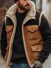 preiswerte Herren Angelweste-Herren Weste aus Wildlederimitat Fleeceweste Outdoor Lässig Täglich Mode Retro Herbst Winter Tasche Polyester Thermowarm Bequem Farbblock Reisverschluss Revers Normale Passform Braun Weste