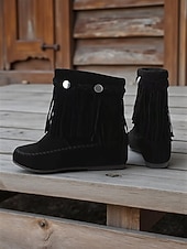 cheap Ankle Boots-Women's Bohemian Fringe Moccasin Boots Soft Suede Flat Ankle Shoes with Retro Detailing for Casual Outfits and Everyday Wear