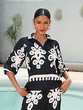 Top de mujer de satén con mangas raglán, media manga, solapa moderna, estampado negro, para vacaciones, informal, para uso diario, primavera, verano y otoño. abordables Blusas y camisas-Top de mujer de satén con mangas raglán, media manga, solapa moderna, estampado negro, para vacaciones, informal, para uso diario, primavera, verano y otoño.