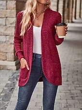 billiga Öppen front cardigan-Dam Vardaglig jacka Bekväm Andningsfunktion Ficka Ledigt Slät Semester Gata Dagliga kläder Utekväll Öppen front Normal Kraglös Normal Långärmad Ytterkläder Vin Himmelsblå Purpur Vår Höst