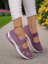 economico Sneakers da donna-sneakers da donna modello Mary Jane in Flyknit viola con ricami floreali, scarpe leggere e traspiranti per camminare e per outfit casual