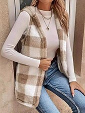 billiga Fleece-fodrade jackor-Dam Vinterkappa Fleeceväst Sherpajacka Bekväm Andningsfunktion Mönster Ledigt Rutig Semester Gata Ledigt Dagliga kläder Öppen front Normal Huva Normal Ärmlös Ytterkläder Kaki Vår Höst