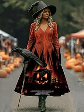 cheap Halloween Dress-Halloween Women&#039;s Midi Dress A Line Dress Vacation Casual Boho Beach Regular Fit Graphic Abstract Long Sleeve V Neck White Dark Red Wine Brown Spring Fall Winter