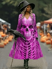olcso Halloween ruha-Halloween Női Koponyák Nyomás Midi Ruha A-vonalú Ruha Vakáció Hétköznapi Napi Normál Illeszkedés Grafikával Koponya Hosszú Ujjú V Nyakú Kék Narancs Szürke Ősz Tél