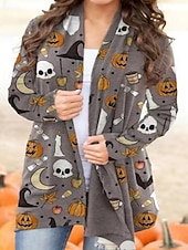 billige Kvinne Grafiske Topper-Dame Vinterfrakk Hold Varm Bekvem Trykt mønster Fritid Halloween Hodeskaller Halloween Ut på byen Helg Cardigan Normal V-hals Normal Langermet Yttertøy Oransje Lysegrå Mørkegrå Høst Vinter