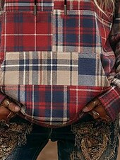 tanie Paski i geometryczne bluzy z kapturem-Damskie Pullover Z kapturem Kratka Moda Moda miejska Codzienny Długi rękaw Kaptur Zwykłe topy Na co dzień Codzienny Sport Ściągana na sznurek Kieszeń Nadruk Czerwony Wiosna Jesień