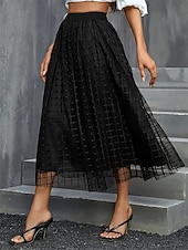 billige Festkjoler-Dame الالتفاف A-linje Mote Fritid Midi Høy Midje Skjørt عادي Lomme Multi Layer Tyll Mikroelastisk Gate Daglig Svart Vår Polyester