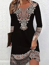 Women's Mini Dress T Shirt Dress Tee Dress Sundress A Line Dress Casual Daily Going out Regular Fit Graphic Tribal Abstract Long Sleeve Crew Neck V Neck Black Fall Winter4