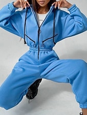 olcso nyaralás jumpsuit-Női Szabályos Jumpsuitek Utcai sikk Színes Hosszú ujj Kapucni Kollázs Cipzár Utca Napi Normál Fehér Arcpír rózsaszín Medence Ősz