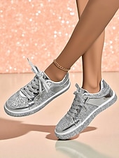 billiga Damsneakers-Damsneakers med guldfärgad glitter – glänsande snörskor med glittrig design för nattliv, klubbar och fester