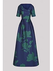 abordables Robes de Soirée en A-A-Line Robe de soirée élégante robe formelle mariage longueur au sol à manches courtes col de chemise poche satin avec imprimé floral