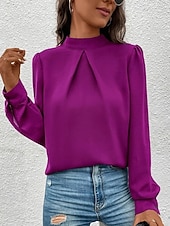 Χαμηλού Κόστους Επίσημες Μπλούζες-Γυναικεία Πουκάμισο Κομψή Φιλάρεσκος Σατέν Μπλούζα Συμπαγές Χρώμα Στυλάτο Καθημερινό Μακρυμάνικο Ζιβάγκο Κανονικά μπλουζάκια Καθημερινά Εξόδου Μαύρο Κίτρινο Πράσινο Ανοικτό Ρουμπίνι Βυσσινί