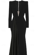 levne Tuxedo šaty-A-Linie večeerní šaty elegantní černé šaty smokinové šaty velkých velikostí formální šaty se vlečkou dlouhými rukávy V výstřih strečový materiál s sklady rozparem šaty na masquerade