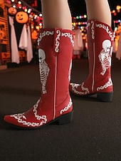 お買い得  女性向け-女性用ハロウィンスケルトン刺繍カウボーイブーツ - コスチュームパーティー、不気味なフェスティバル、夜のストリートスタイルに最適なゴシックウエスタンロングブーツ