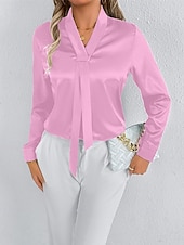 economico Top eleganti-Per donna Camicia Camicia in raso Tinta unica Elegante Casual Manica Lunga Scollo a V Top Regolari Quotidiano Uscire Nodo frontale Rosa Rosso Primavera Autunno