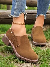 economico Scarpe oxford da donna-scarpe slip-on da donna marrone chiaro con dettagli borchiati, scarpe casual in stile retrò con tacco basso per l'uso quotidiano