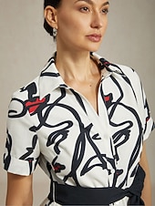 billiga Blommiga klänningar-dam maxiklänningskjorta abstrakt ansiktskonst kortärmad avslappnad semester vår sommar