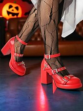 お買い得  女性向け-バックルストラップとクロスディテールを備えた女性用ゴシックプラットフォームメリージェーンヒール - ハロウィーン、コスプレ、ロックミュージックフェスティバルに最適な黒のチャンキーハイヒール