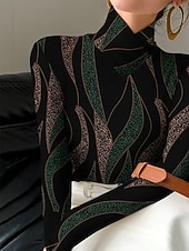 abordables Camiseta de Arte &amp; Diseño-Mujer Camiseta Estampado Graphic Abstracto Geometría Elegante Vintage Clásico Manga Larga Cuello Alto Cuello asimétrico Tops regulares Diario Verde Oscuro Primavera Otoño Invierno