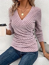 abordables T-shirt uni-Femmes Chemisier Couleur Unie Élégant Basique Occasionnel manche longue Col en V Hauts Réguliers Quotidien Bleu Noir Vert Véronèse Violet Printemps Automne Hiver