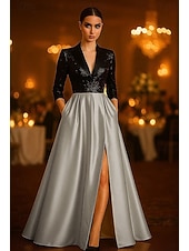 economico Abiti da Sera a Linea A-Linea ad A Abito da Sera Elegante Abito formale Formale Matrimonio Lunghezza al pavimento Manica 3/4 Scollo a V Raso con Pieghe Paillettes Spacco 2025
