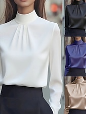cheap Dressy Tops-Women&#039;s Shirt Dressy Blouse Plain Elegant Stylish Long Sleeve High Neck Regular Tops Work Holiday Going out Ruched Black White Purple Khaki Spring Fall
