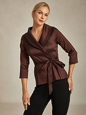 abordables Hauts habillés-Femmes Chemisier Hauts de soirée Élégant Métallique Moderne Manche 3/4 Col en V Hauts Réguliers robe demoiselle d honneur Soirée Semi-Formel Nœud devant Marron Printemps, Automne, Hiver, Été