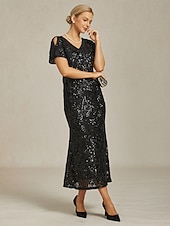  Per donna Abito maxi Tubino Abito a sirena Elegante Festa cocktail Spalle scoperte Festa serale Cocktail party Paillettes Floreale Manica Corta Scollo a V Nero