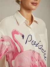お買い得  シャツ、トップス、ブラウス-フラミンゴプリントのゆったりシャツ