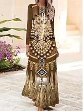 ieftine Rochie boho-Pentru femei Rochie Maxi Rochie A line Rochie de vară Vacanță Casual Boho Zilnic Fit regulat Grafic Geometric Manșon Lung Stil Nautic Negru Maro Deschis Albastru piscină Albastru celest Var