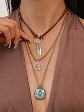 Χαμηλού Κόστους Γυναικείο Κολιέ-Γυναικείο μποέμ κολιέ με στρώσεις, τριπλό κόσμημα με φτερό, δέντρο της ζωής και vintage στρογγυλό γούρι για φεστιβάλ, πάρτι και casual ρούχα