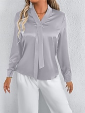  Жен. Рубашка Elegant Нарядный Атласный верх галстук спереди Сплошной цвет Стиль На каждый день Длинный рукав V-образный вырез Обычные топы Повседневные На выход Зеленый Светло-серый Весна Осень