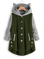 halpa Fleece-vuoratut takit-Naisten Sherpa takki Mukava Hengittävä Tasku Napit Vapaa-aika Tavallinen Loma Katu Kausaliteetti Arki-asut Yksirivinen Pitkä Hupullinen Loose Fit Pitkähihainen Päällysvaatteet Musta Punastuvan