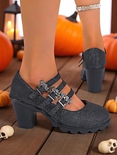 abordables Pour les femmes-Escarpins Mary Jane à talons épais pour femme, chaussures de soirée gothiques noires avec brides à boucle chauve-souris, pour déguisement, soirée et cosplay.