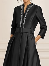 cheap A-Line Evening Dresses-Black A-Line Evening Gown Elegant Formal Dress Formal Wedding Floor Length 3/4 Length Sleeve V Neck Stretch Satin with Crystals 2025