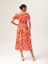 baratos vestido casual estampado-Feminino Vestido casual Vestido midi Preto Azul Laranja Manga Curta Abstrato Verão Primavera Decote V Elegante Férias XS S M