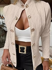 billiga casual jackor-Dam Vardaglig jacka Bekväm Andningsfunktion Jacquard Knappar Mode Dagligen Slät Utomhus Ledigt Dagligen Enkelknäppt Normal Hög krage Normal Långärmad Ytterkläder Svart Vit Rodnande Rosa Vår Höst