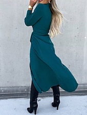 abordables Robe Simple-Femmes Robe Midi Robe trapèze Occasionnel Quotidien Coupe régulière Uni manche longue Revers Noir Rouge Vert Abricot Printemps Automne Hiver