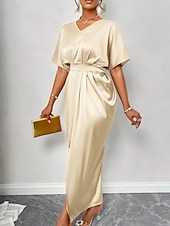 abordables Robe de cocktail-Femmes Robe Longue Maxi Robe Robe de Soirée Robe de Cocktail Robe en Satin Élégant Moderne Soirée Coupe régulière Uni Manche Courte Col en V Noir Jaune Bleu Roi Vert foncé Automne Hiver