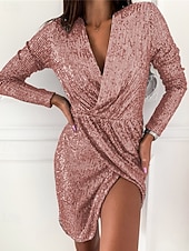 ieftine Rochie neagră pentru femei-Pentru femei Rochii Midi Rochie neagra Rochie cu paiete Rochie de petrecere Rochie casual Elegant Modă Modern În aer liber Petrecere Zilnic Zvelt Simplu Manșon Lung În V Roz Deschis Negru Alb Roz