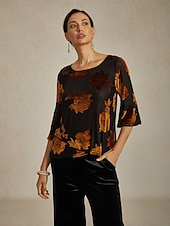 economico Top eleganti-camicetta da donna elegante top in velluto floreale elegante casual girocollo top normali da invitata a nozze quotidiano marrone autunno inverno
