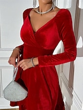 abordables Vestido Sencillo-Mujer Vestido Midi Vestido de terciopelo Vestido Cóctel Elegante Moda Moderno Diario Exterior Fiesta de Noche Ajuste regular Plano Manga Larga Escote en Pico Rojo Primavera Otoño