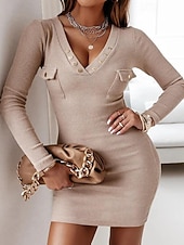 Χαμηλού Κόστους Γυναίκες μαύρο φόρεμα-Γυναικεία Μίνι φόρεμα Μαύρο φόρεμα Κοκτέιλ Φόρεμα Εφαρμοστό Επίσημο ένδυμα Μοντέρνα Διακοπές Εξόδου Σαββατοκύριακο Κανονικό Σκέτο Μακρυμάνικο Λαιμόκοψη V Μαύρο Λευκό Ανθισμένο Ροζ Χακί