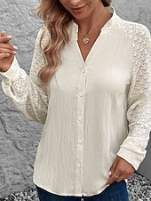 お買い得  テクスチャー付きトップ-女性用 シャツ レースシャツ ブラウス 平織り 近代の 長袖 Ｖネック レギュラートップス 日常 祝日 お出かけ レース パッチワーク アプリコット 秋