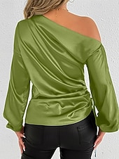 baratos Blusas Elegantes-Mulheres Camisa Social Elegant Elegante Top de cetim Assimétrico Tecido à moda Casual Manga Longa ombro frio Tops regulares Diário Para Noite Preto Verde Primavera Outono