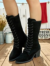 baratos Botas de combate-Botas femininas de cano médio em camurça sintética marrom escuro com salto grosso – botas estilo vintage para outono e inverno e uso diário