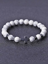 cheap Men's Jewelry-Men's Natural Stone Beaded Bracelet with Cross Charm, Adjustable Stretch Wristband, Spiritual Jewelry for Christmas Gift, Parties and Daily Wear